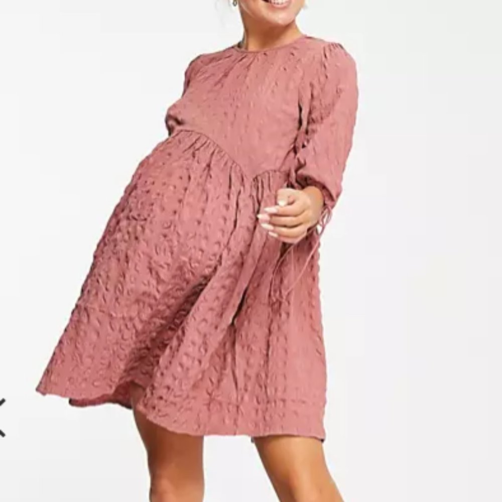 ASOS DESIGN Maternity textured mini smock dress with ties in pink
